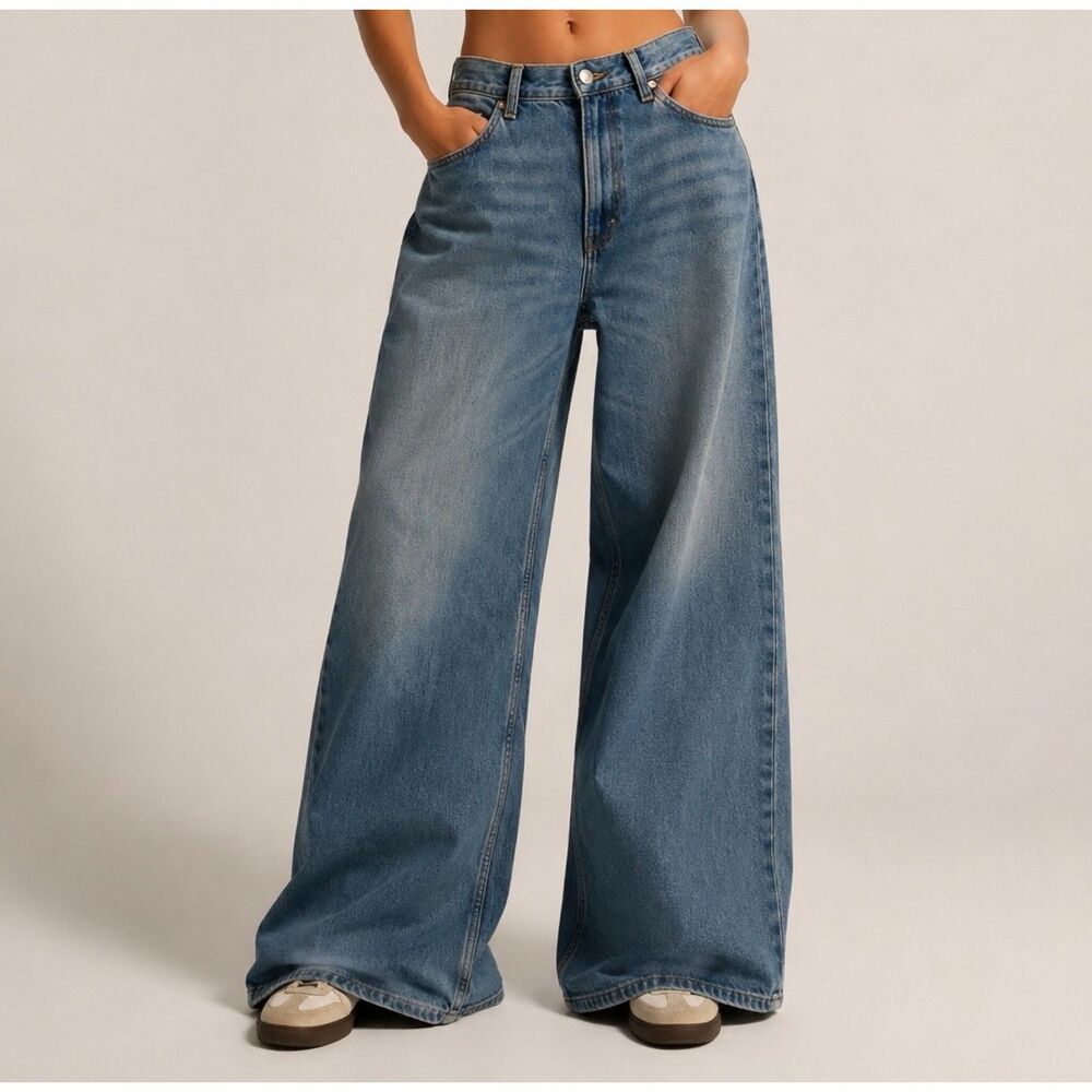 Bershka Wide Leg Jeans Baggy Y2K Womens Size 8 EUR 40 High Rise 100% Cotton